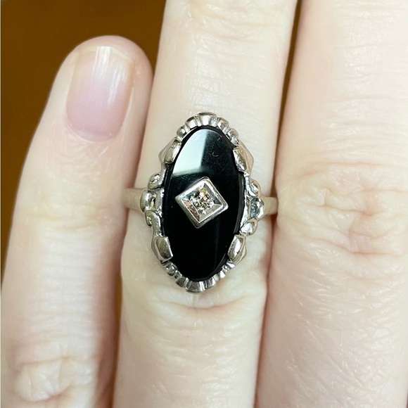 14k onyx art deco style black Cabochon white gold vintage size 4 ring - Picture 2 of 9